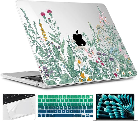 TWOLSKOO for MacBook Air 15 inch Case 2026 2025 2024 2023 Release M5 A3448 M4 A3241 M3 A3114 M2 A2941, Plastic Hard Shell & Screen Protector & Keyboard Cover & Trackpad Film, Botanical Illustration