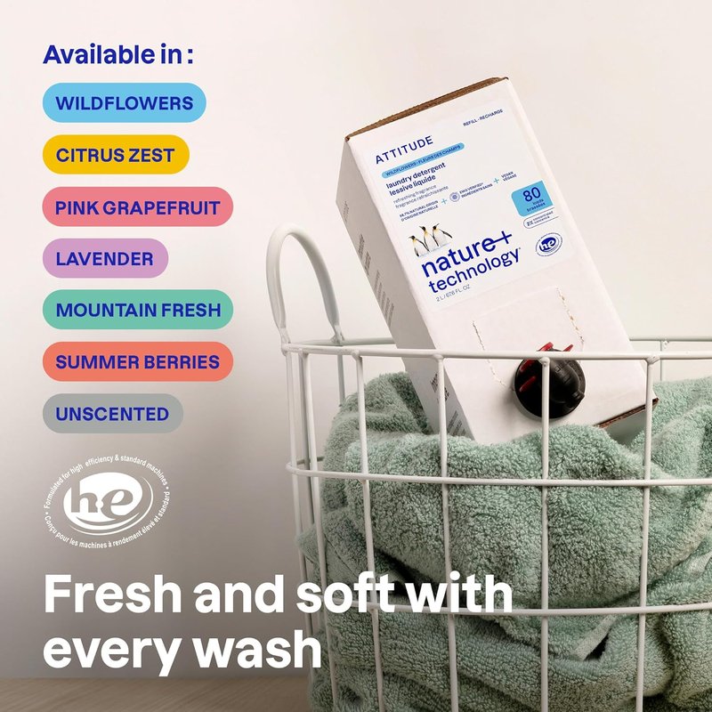 ATTITUDE Liquid Laundry Detergent Refill - EWG Verified, Plant-Based & Vegan, Unscented | 67.6 Fl Oz, 80 Loads
