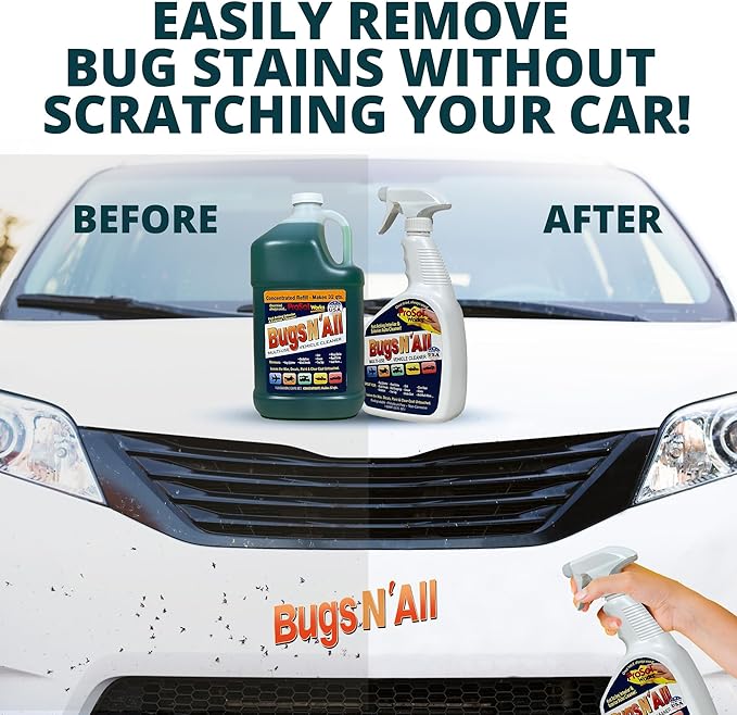 Bugs Nâ All Multipurpose Car Cleaner & Degreaser - Bug & Tar Remover Concentrate 1 Gallon - Exterior Cleaner Safe for Car Paint, Metal, Chrome, Aluminum, Windows & Mirrors - w/Free 32 oz Spray Bottle