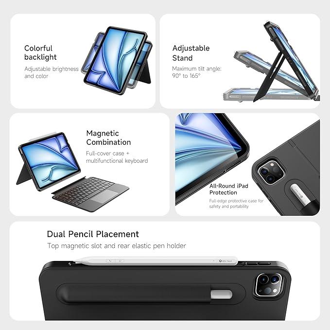 HOU Keyboard Case for iPad Air 13-inch M4/M3/M2 & iPad Pro 13-inch M5/M4 & Pro 12.9-inch, Detachable Keyboard, 360° Rotating Stand, Portrait & Landscape Mode, Multi-Touch Trackpad, Backlit Keys-Black