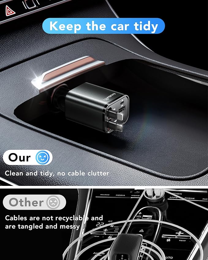 Retractable Car Charger,Car Phone Charger USB C Fast Charge,Cigarette Lighter USB Charger Car Accessories for Women,Road Trip Essentials Gift for Men,Car Charger for iPhone 17/16/15,Galaxy S26,Pixel