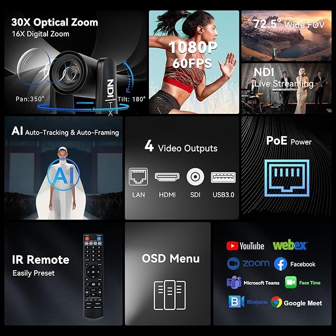 TONGVEO NDI AI Auto-Tracking IP PTZ Camera SDI/HDMI/USB3.0/LAN PoE 30X Optical + 8X Digital Zoom 1080P 60fps for Live Streaming Church Services Education Video Conference with OBS vMix and More