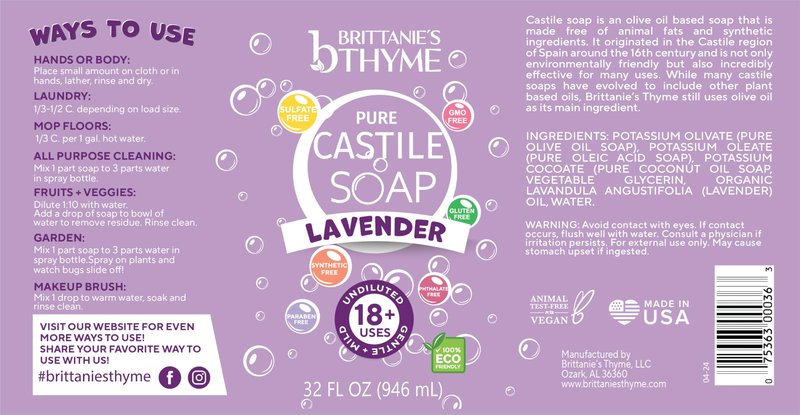 Brittanie’s Pure Castile Liquid Soap Refill, Lavender, 32 Ounce 2 Pack | Dish Soap, Hair & Body, Laundry, Home, Gentle and Pure, Made with Natural Luxurious Oils, Vegan & Gluten Free Non-GMO