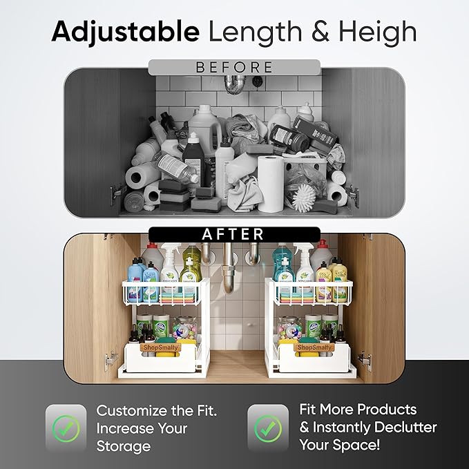 Under Sink Organizer 2-Pack, Metal Under Sink Organizer for Kitchen & Bathroom, Multi-Use Under Sink Storage Rack for Cleaning Supplies and Bathroom Essentials (White)
