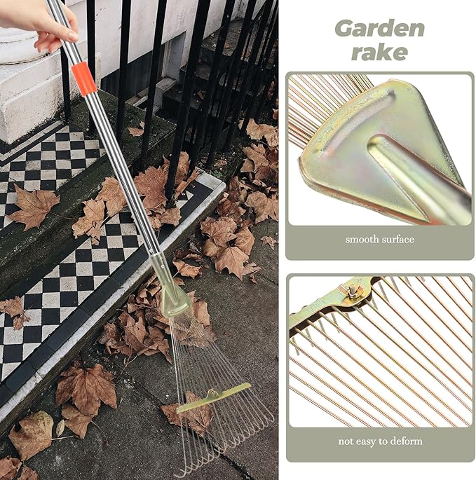 Luxshiny 18-Tooth Retractable Stainless Steel Garden Rake with Extendable Handle 80cm for Lawn and Leaf Cleaning, Heavy Duty Metal Rake for Soil Leveling and Yard Maintenance