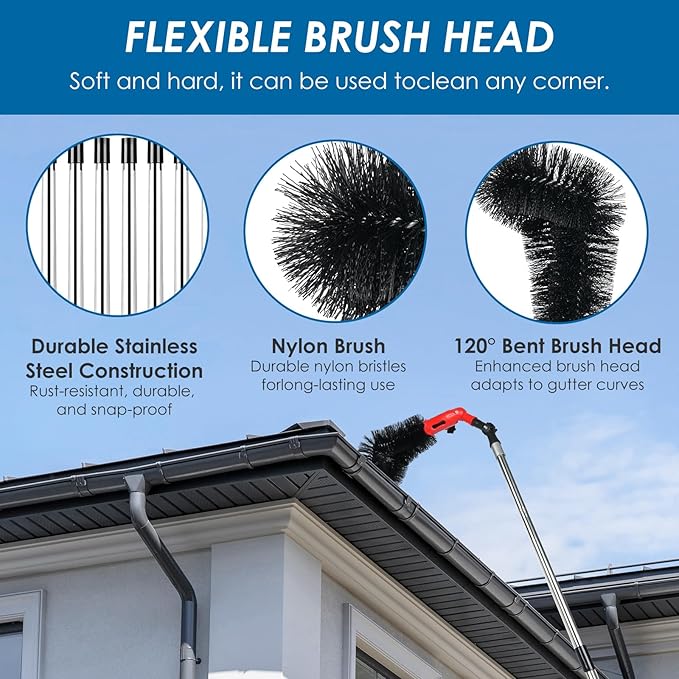 Gutter Cleaning Tools from The Ground, Adjustable Gutter Cleaning Pole with 180Â° Pivoting Head, Gutter Rake & 2 Gutter Brush, Gutter Cleaner Tool for Removing Leaves, Debris & Spider Webs (Black)