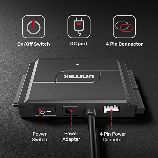 Unitek SATA/IDE to USB 3.0 Adapter, Hard Drive Adapter for Universal 2.5"/3.5" Inch IDE and SATA External HDD/SSD with 12V 2A Power Adapter, Support 24TB