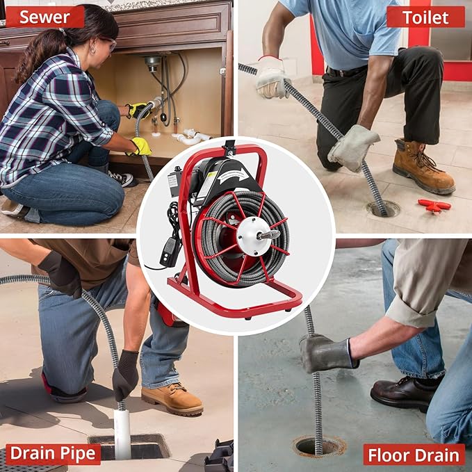 Garvee K-300K 3/8 in 50 ft 1 Red & Black Electric Drain Cleaner Machine - Automatic Auger for 1 to 4 in Pipes, Portable Design, 4 Cutters, Foot Switch Control, and Includes Gloves.