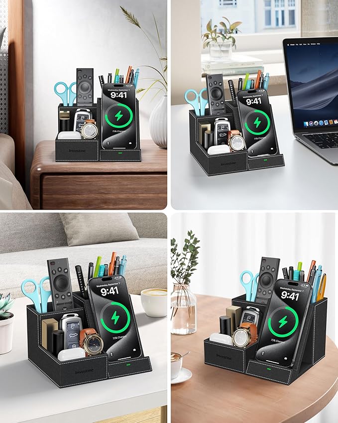 Investme Wireless Charger with Desk Organizer, Pen Pencil Holder, Multifunctional Desktop Organizer, Office Supplies and Desk Accessories Organizer with 3 Compartments and 1 Phone Stand
