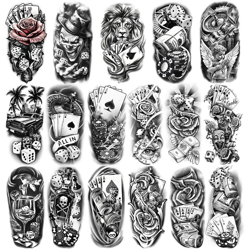 Casino Temporary Tattoos (77 Sheets), Fake Tattoo for Adults and Kids, Waterproof Fake Body Tattoo Stickers for Halloween, Parties, Cosplay, Casino Night - Realistic Poker/Dice/Skull/Chicano Designs