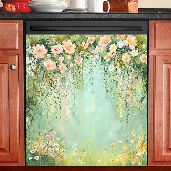 Dishwasher Magnet Cover 23x26 in Soft Peach Blossoms and Wildflowers on Aqua Canvas Magnetic Dishwasher Cover for Kitchen Appliance Decoration Front Panel Sticker Panel Home Decor
