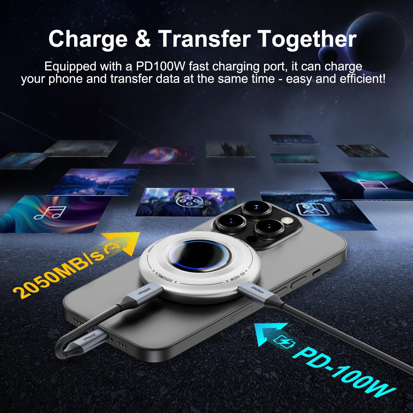 FP108 1TB Magnetic Portable SSD, External Solid State Drives with PD-100W and 2050MB/s USB-C 3.2 Gen 2x2, Play While Charging, Compatible with iPhone 16/15 Pro Max, Android, PC, Mac, Switch Lite