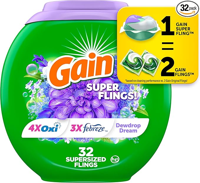 Gain Super Flings Laundry Detergent Pacs, 32 Count, Dewdrop Dream scent, irresistibly clean and fresh washing detergent laundry soap pacs