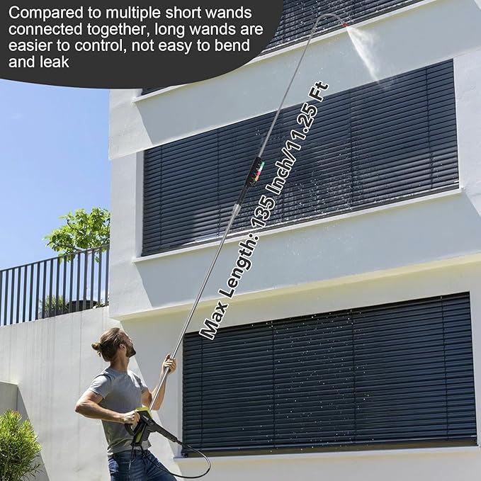 135 Inch(11.25ft) Pressure Washer Extension Wand for Gutter Roof, 6 Pcs Pressure Washer Gutter Cleaner Attachment with 6 Pcs Nozzle Tips, 1/4â Quick Connect Fitting(4000 PSI)