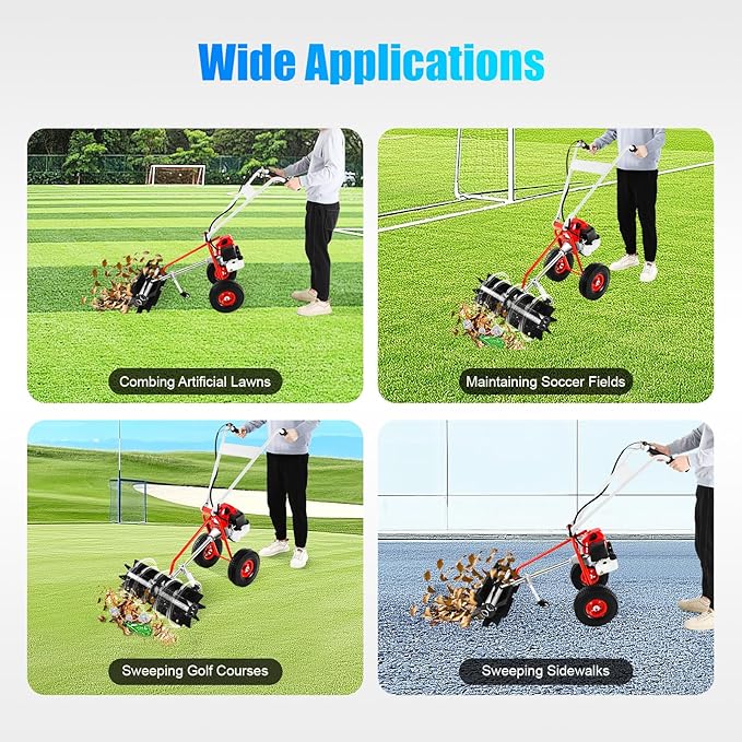 43CC Gas Powered Walk-Behind Outdoor Push Sweeper, 1.7HP 2 Stroke Hand Held Sweeper Snow Sweeping Broom, Driveway Turf Lawns Cleaning Tools with 23.6in Sweeping Width for Leaves Dirt Gravel