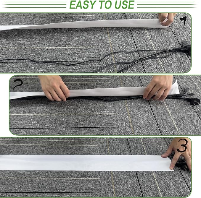 Floor Cable Covers - Oxford Fabric Cord Protector with Adhesive Hook & Loop,Waterproof Wire Storage Sleeve for Any Floor Surface,Durable Cable Management to Prevent Tripping Hazards (White, 20ft)