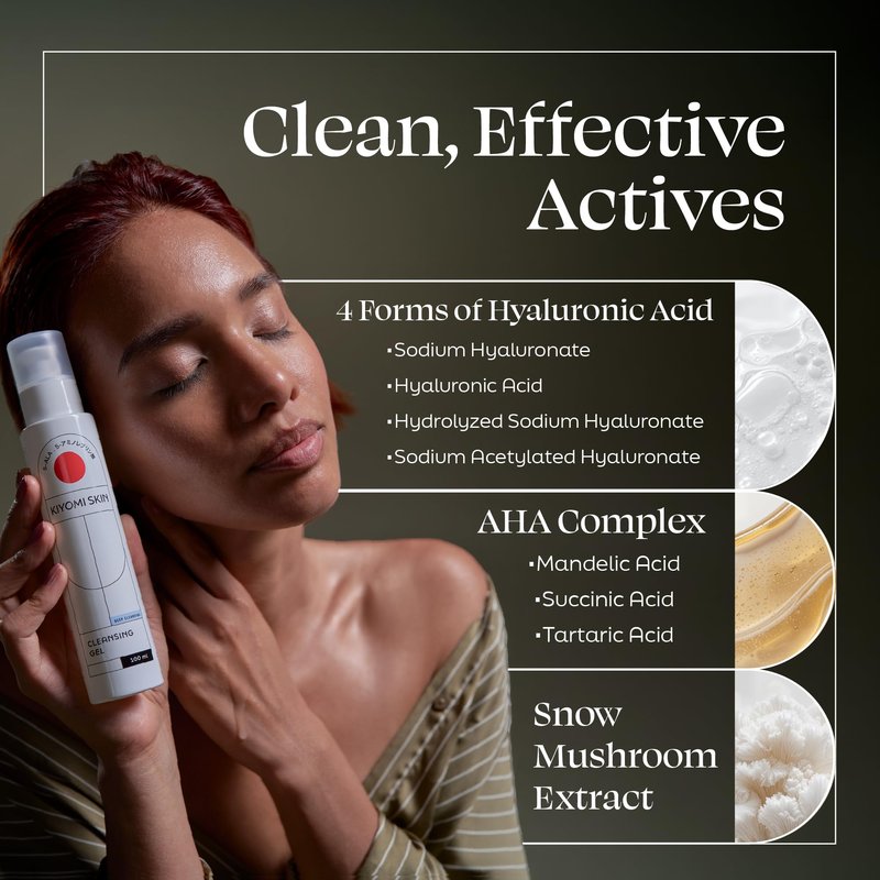 Kiyomi Skin Cleansing Gel - Hydrating Facial Cleanser with AHA Complex, Hyaluronic Acid & Snow Mushroom Extract - Gentle Low Foam Face Wash for All Skin Types - Vegan & Made in Germany - 3.3 Fl Oz