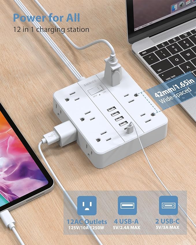 Power Strip 10ft Extension Cord,SMNICE Flat Plug with 12 Outlets 6 USB(2 USB C),Power Strip Charging Station with Overload Protection for Home, Dorm,Office