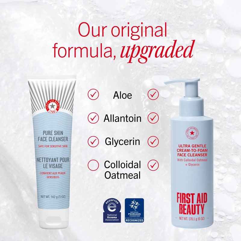First Aid Beauty Ultra Gentle Cream-to-Foam Facial Cleanser, Fragrance Free Makeup Removing Face Wash with Colloidal Oatmeal & Glycerin, Sensitive & Acne-Prone Skin, 10 oz