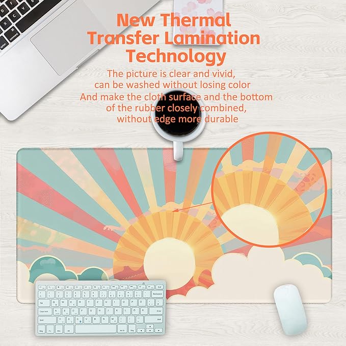 KOAIWPAE Large Gaming Mouse Pad for Desk, Boho Pastel Sun Desk Mat, Colorful Sunshine Desk Pad, 31.5"x15.7" Extended Big Computer Keyboard Mouse Pad with Non-Slip Base and Stitched Edge