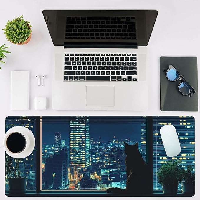 NIYLYNSYN Mouse Pad Large Black Cat Non-Slip Gaming Desk Mat with Stitched Edge Laptop Keyboard Desk Pad for Work Home Gaming (35.4 x 15.7 Inches)