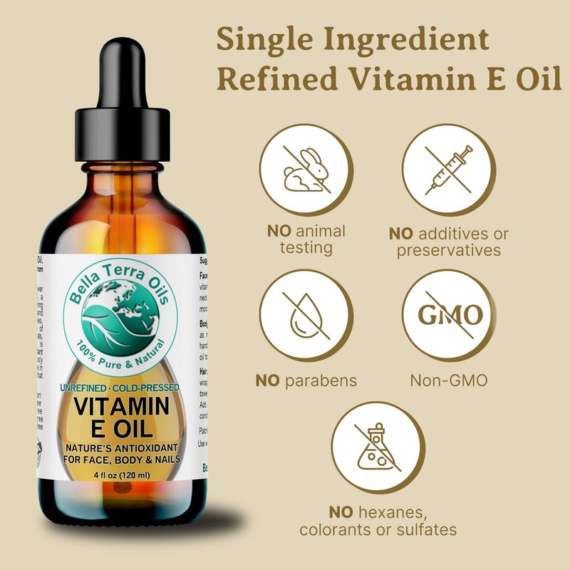 Bella Terra Oils Natural Vitamin E Oil 8oz – Moisturizing Wheat Germ Oil for Face, Body & Hair Care