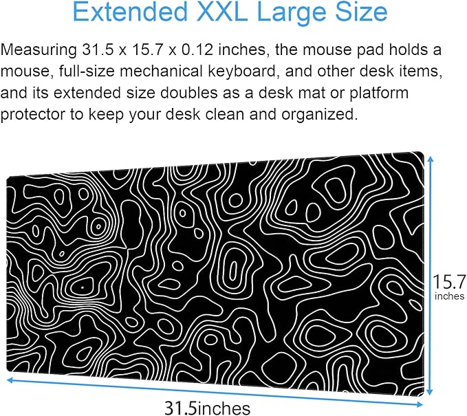 Black and White Topographic Desk Mat, Large Gaming Mouse Pad 31.5x15.7