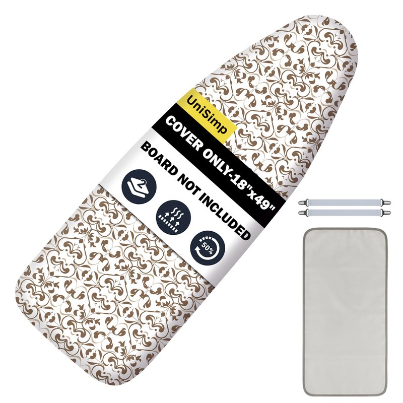 UniSimp Ironing Board Cover and Pad 18"x49" Extra Thick Natural Cotton, Scorch and Stain Resistant Iron Board Cover,Wide Ironing Board Cover with Fasteners Heavy Duty Heatproof Elastic Edge Taupe