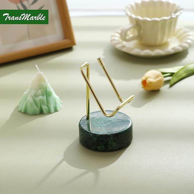 TransMarble Marble Phone Stand with Metal Holder, Charging Available While Using, Swipe Up to Unlock, Made of Natural Marble as Business Card Holder for Office Desk (Emerald Green + Gold)