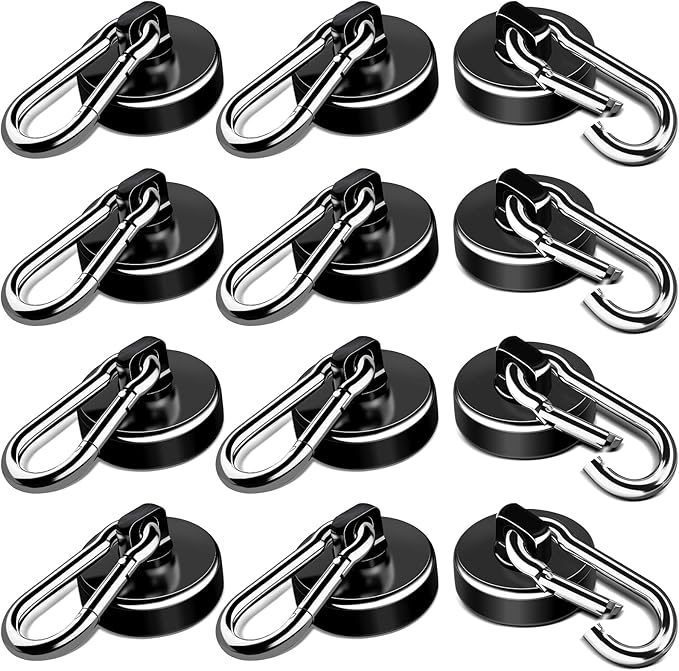 LOVIMAG Strong Magnetic Hooks, 12 Pack Magnetic Hooks Heavy Duty 70LBS Strong Neodymium Magnets with Carabiner Hook, Magnet Hooks with Swivel for Kitchen, Hanging, Cruise, Grill, Refrigerator - Black