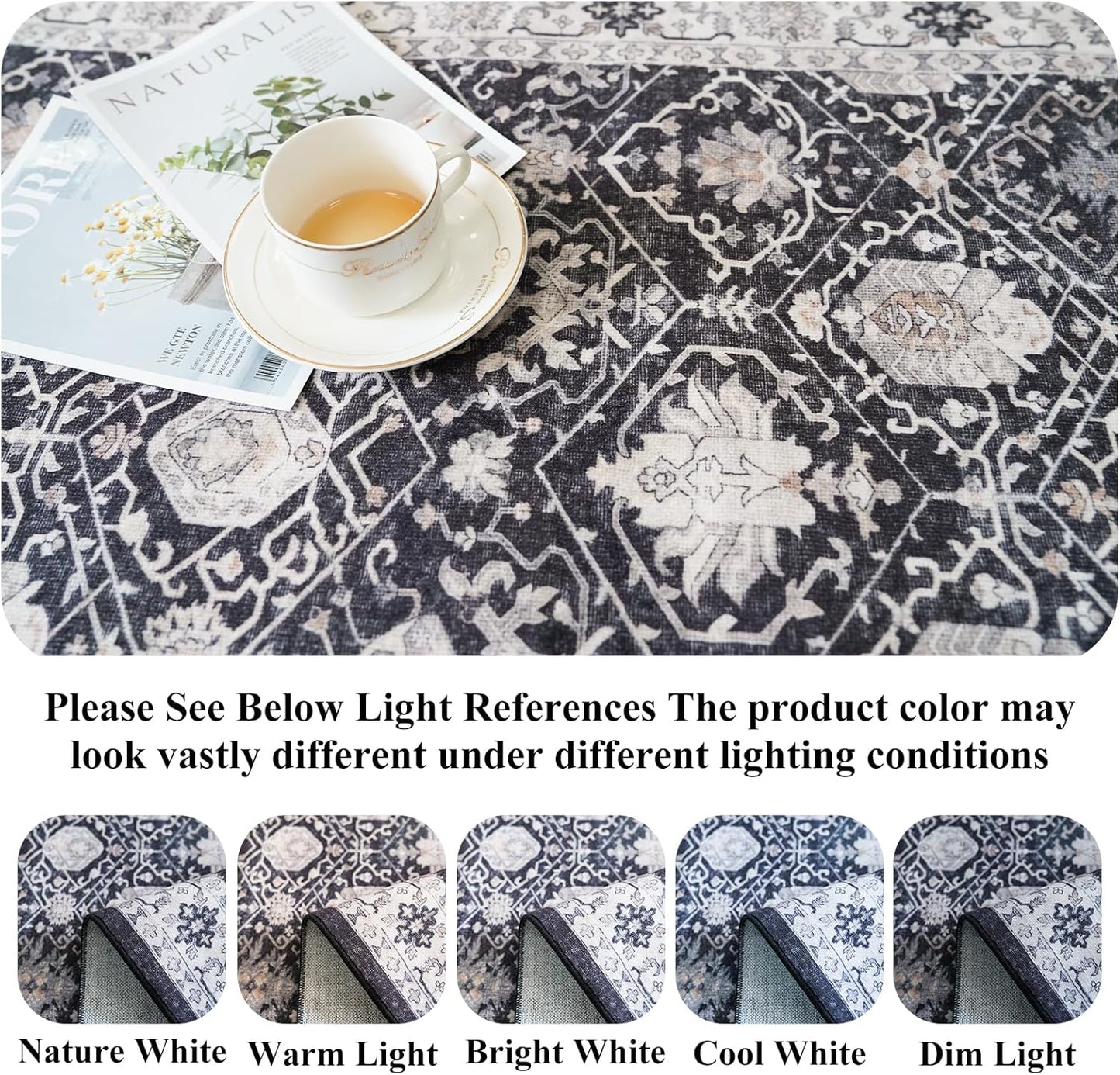 Regine Switzerland Washable 4x12 Hallway Runner Rug - Vintage Soft Carpet, Stain Resistant, Non-Slip Backing, Black