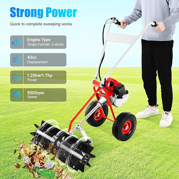 43CC Gas Powered Walk-Behind Outdoor Push Sweeper, 1.7HP 2 Stroke Hand Held Sweeper Snow Sweeping Broom, Driveway Turf Lawns Cleaning Tools with 23.6in Sweeping Width for Leaves Dirt Gravel