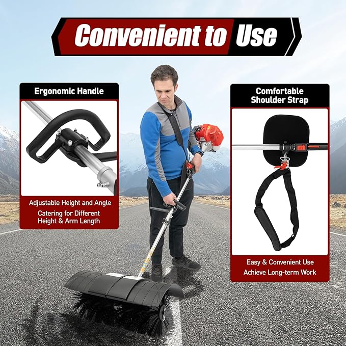 52CC Gas Handheld Sweeper Broom 2 Stroke Air Cooled Fuel Engine Gas Power Sweeping Broom Machine Heavy Duty Cleaning Driveway Tools for Artificial Turf Grass Gravel, Snow Cleaning, Road