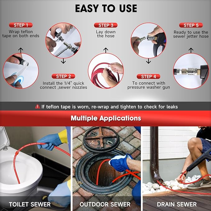 Sewer Jetter Kit for Pressure Washer â 50ft Water Jet Drain Cleaning Hose 5800PSI 1/4 Inch NPT Corner with Sewer Cleaning Tool High Pressure Nozzles and Spanner Waterproof Tape