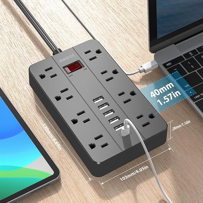 Power Strip with USB,SMNICE Power Strip Flat Plug with 8 Widely-Spaced Outlets & 6 USB(1USB C) Ports, Wall Mountable 5ft Extension Cord for Smartphone Tablet Laptop Computer Multiple Devices