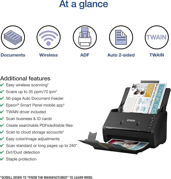 Epson Workforce ES-500W II Wireless Color Duplex Desktop Document Scanner for PC and Mac, with Auto Document Feeder (ADF) and Scan from Smartphone or Tablet (Renewed)