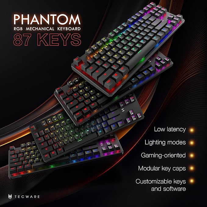 TECWARE Phantom 87 Key RGB Mechanical Gaming Keyboard | Outemu Red Switch | 16.8M Color LED Lighting | 18 Pre-Set | Low Latency | N-Key Rollover | Software Customizable Keys | Wired USB Connection