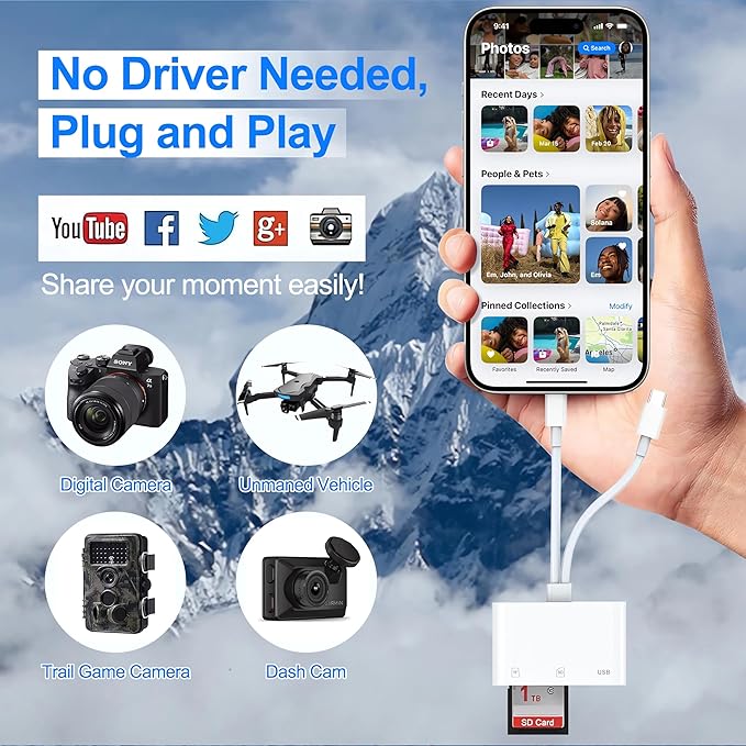 Denlane SD Card Reader for iPhone iPad Mac, Digital Camera Adapter to iPhone Lightning & USB C Dual Connector, Trail Camera Memory Card Viewer with SD/Micro SD/USB-A 3 Slot, No App Plug and Play
