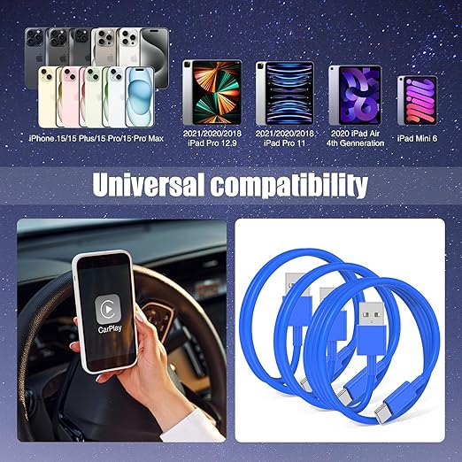 JERMASAL 3-Pack Blue [3.3FT+3.3FT+6FT] USB A to USB C Cable, Compatible with iPhone 15/16, iPad, Samsung, MacBook, PS5 and More, Fast Charging, Carplay Cable