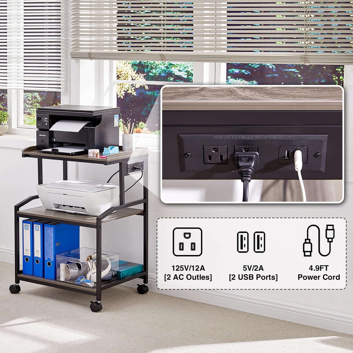 Lauren&Harold 34'' Printer Stand with Power Outlets & USB Ports, 3-Tier Adjustable Rolling Cart, Heavy Duty 150LBS Storage Table with Wheels for Office, Kitchen, Living Room, Grey/Black