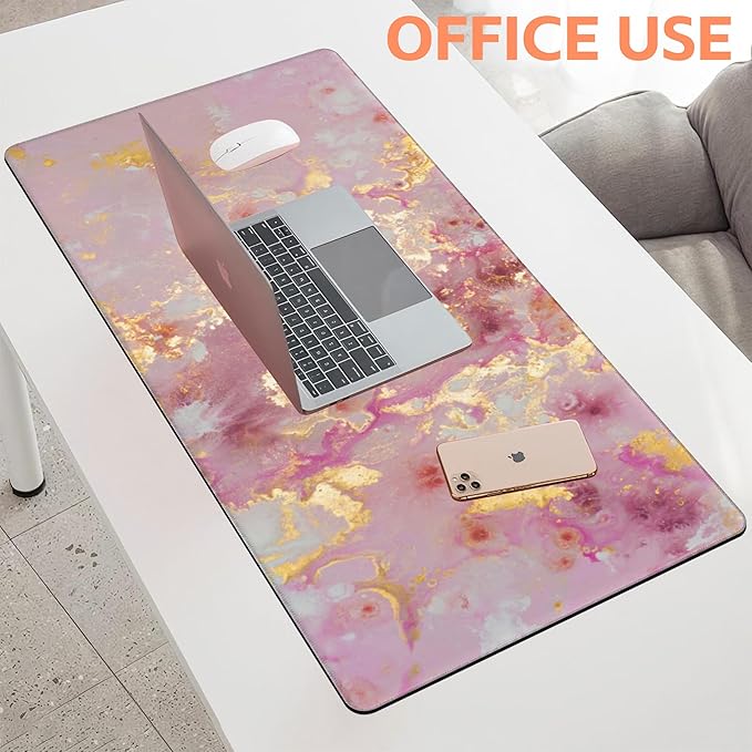 NIYLYNSYN Mouse Pad Large Pink and Gold Marble Non-Slip Gaming Desk Mat with Stitched Edge Laptop Keyboard Desk Pad for Work Home Gaming (35.4 x 15.7 Inches)