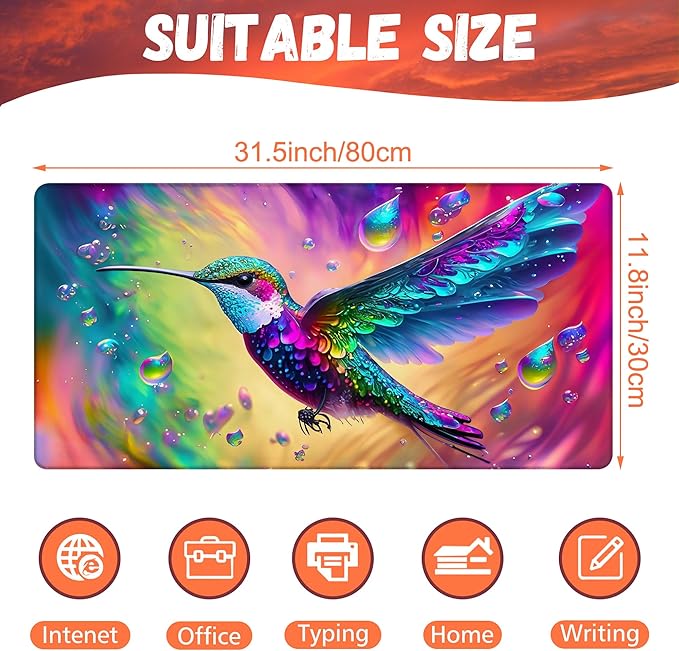 KOAIWPAE Large Gaming Mouse Pad for Desk, Colorful Hummingbird Desk Mat, Bright Hummingbird Desk Pad, 31.5"x15.7" Extended Big Computer Keyboard Mouse Pad with Non-Slip Base and Stitched Edge