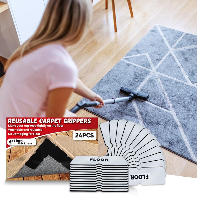 Rug Carpet Non Slip Grippers, Reusable Rug Tape Pads, No Damaging for Hardwood Floors, Strong Hold Carpet Corner Stickers for Area Rugs Flat, Removable, 8Pcs