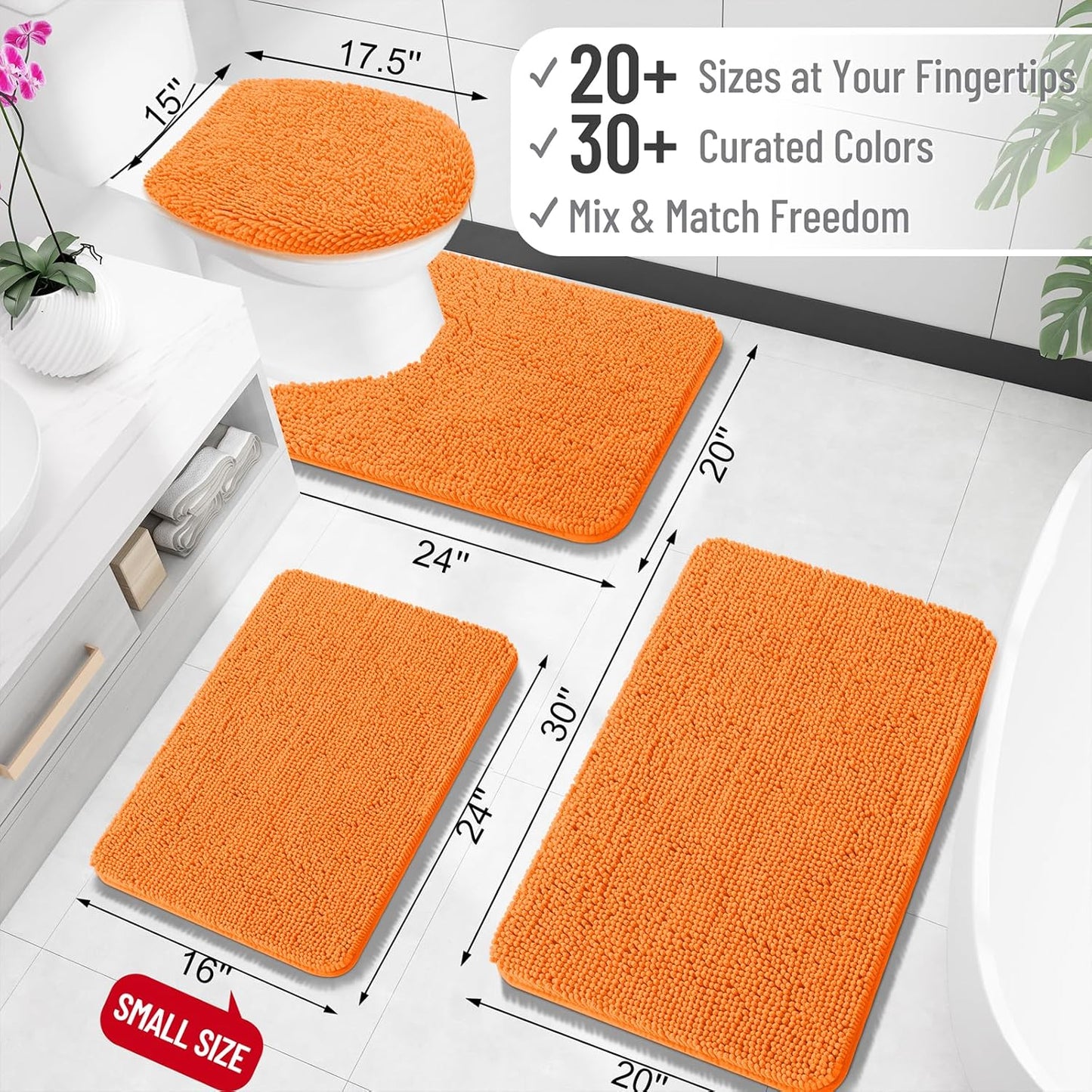 OLANLY Bathroom Rugs - Extra Soft Chenille Bath Mats with Rubber Backing | 30x20, Quick Dry, Orange
