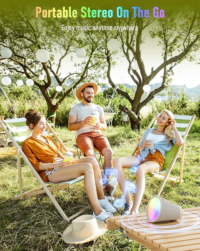 Gladorn Portable Bluetooth Speaker Wireless with 9 Color Lights, 20H Playtime, Stereo Pairing, Deep Bass, IPX6 Waterproof, Bluetooth 5.3, Small Speaker for Home, Party, Outdoor, Camping, Beach, Gift