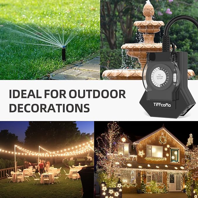 TiFFCOFiO Outdoor Timer Outlet Waterproof, 24 Hour Mechanical Light Timer Outdoor, 3 Grounded Outlets for Home and Garden, 15A 1/2HP, Heavy Duty, ETL Listed (1 Pack)