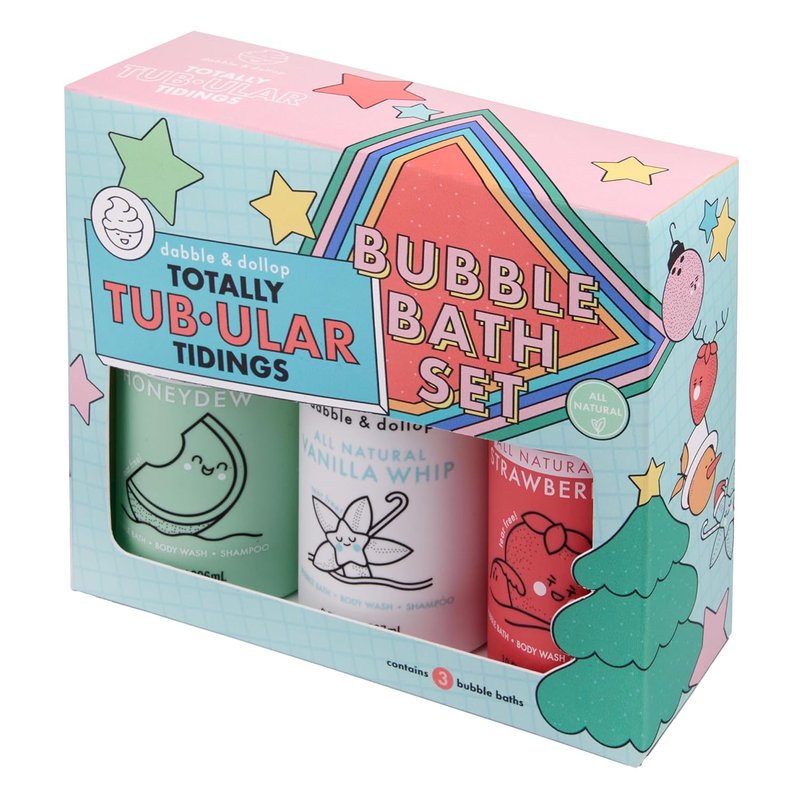 Totally Tub-ular Tidings Bubble Bath Set | 3-in-1 Mixable Bubble Bath, Body Wash & Shampoo - Strawberry, Honeydew & Vanilla