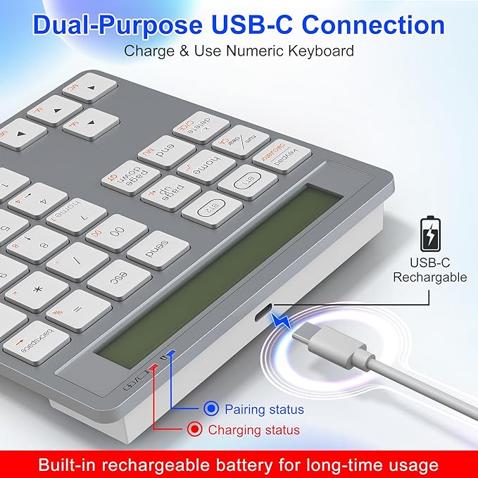 Rytaki Pro 2-in-1 Wireless Number Pad & Calculator, Bluetooth 5.0 Numeric Keypad with USB-C Charging, 34-Key Portable Number Pad for Laptop, MacBook, PC, Windows, iOS & Android Devices