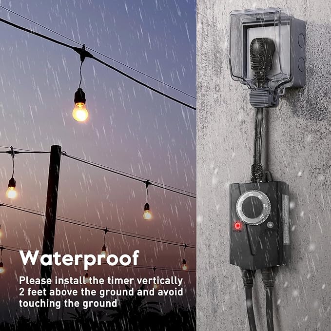 Brightown Outdoor Light Sensor Timer Waterproof, Mechanical Plug in Timer Switch, Outdoor Light Timers for Electrical Outlets, 2 Grounded Electrical Outlets for Christmas String Lights, Lighting Decor