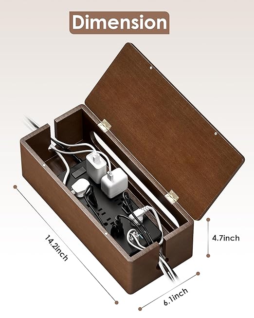 YECAYE Solid Wood Cable Management Box, Walnut Color Cable Organizer Box with Magnetic Closure, for Power Strip & Wire Storage, Cord Organizer, Hide Cords, Home Office Decor,14.2 x 6.1 x 4.1 Inch